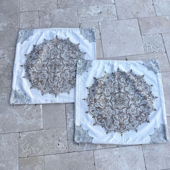 Set of 2 Pottery Barn Erica Medallion Pillow Covers 24”x24” Cream Taupe Boho Zen - Picture 2 of 10